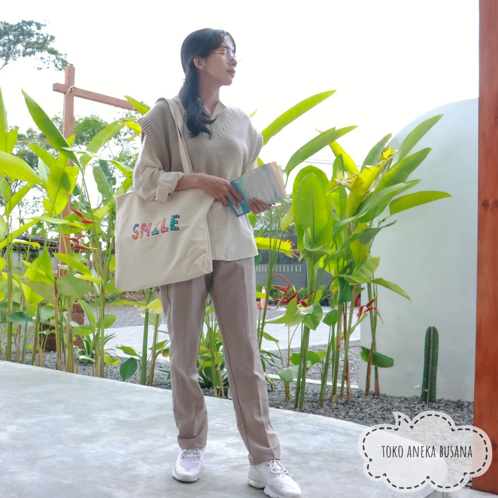 Tote Bag Wanita Kanvas Resleting Aesthetic Bahan Premium Totebag