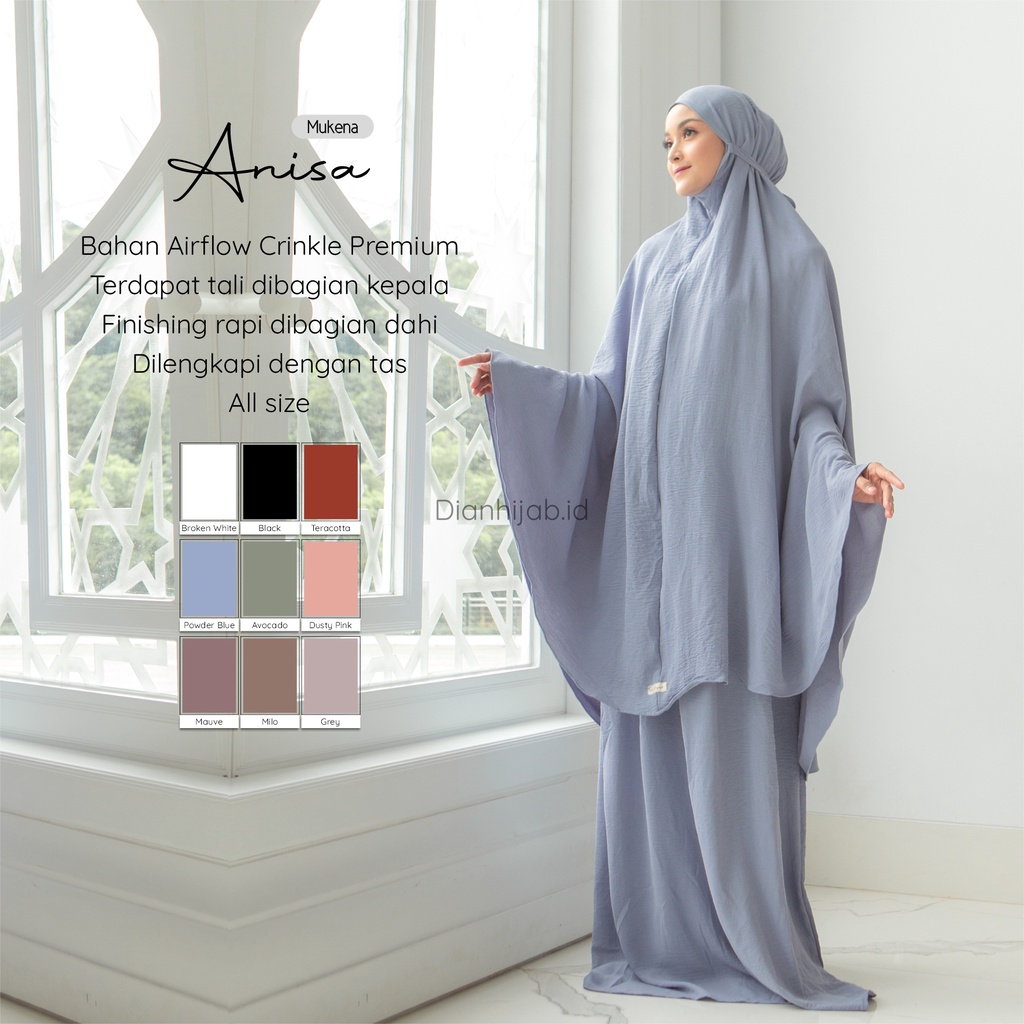 Mukena Dewasa Anisa by Dianhijab.id - Bahan Airflow Crincle Premium Mukena Travel Dewasa Jumbo Adem Nyaman Dipakai - Bisa Cod