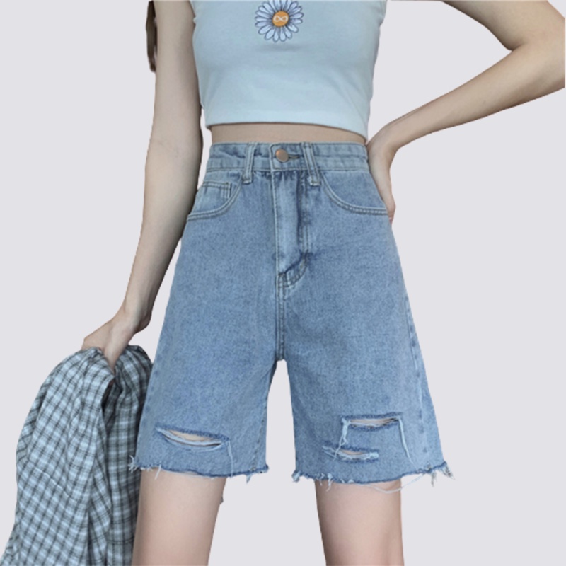 XiaoZhaiNv Celana Pendek Denim Sobek Wanita Korean Style Highwaist