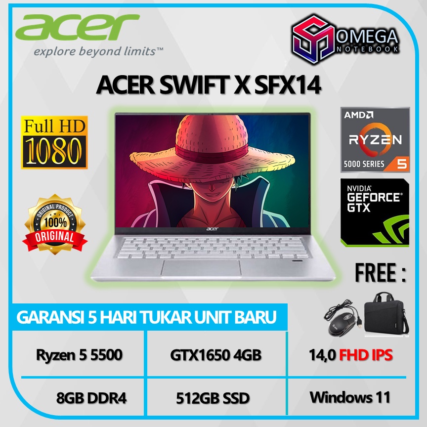 Laptop Acer Swift X SFX14 41G Ryzen 5 5500 8GB GTX1650 4GB 14,0 Full HD IPS Windows 11