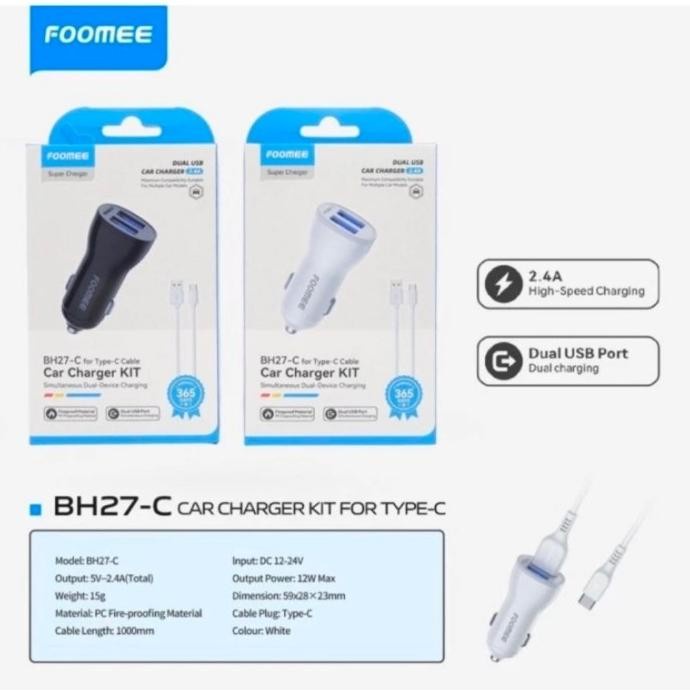 Foomee BH27-C Car Charger Fast Charging 2.4A Smart Chip + Kabel Type C ORIGINAL FOOMEE