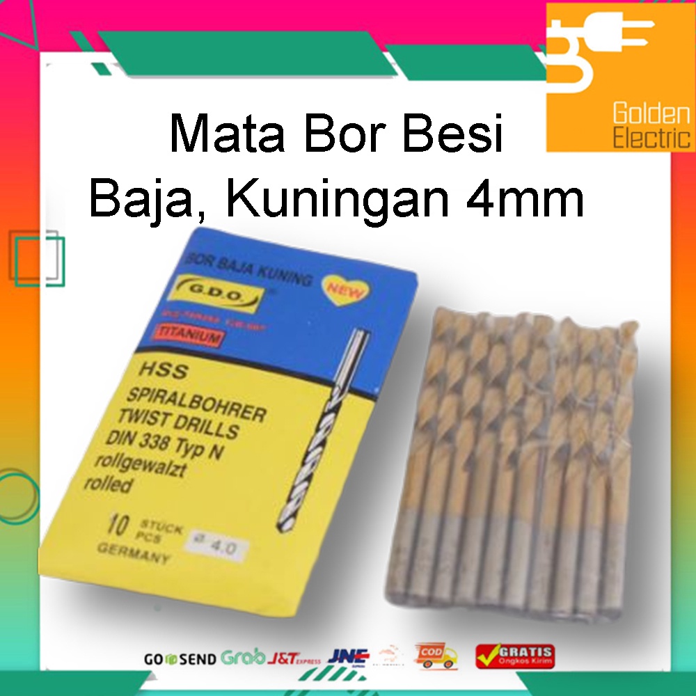 Mata Bor Besi Baja Kuningan G.D.O 4mm 4 mm Drill Spiral Kuning GDO 1 Bungkus Isi 10 pcs Harga per 1 pcs