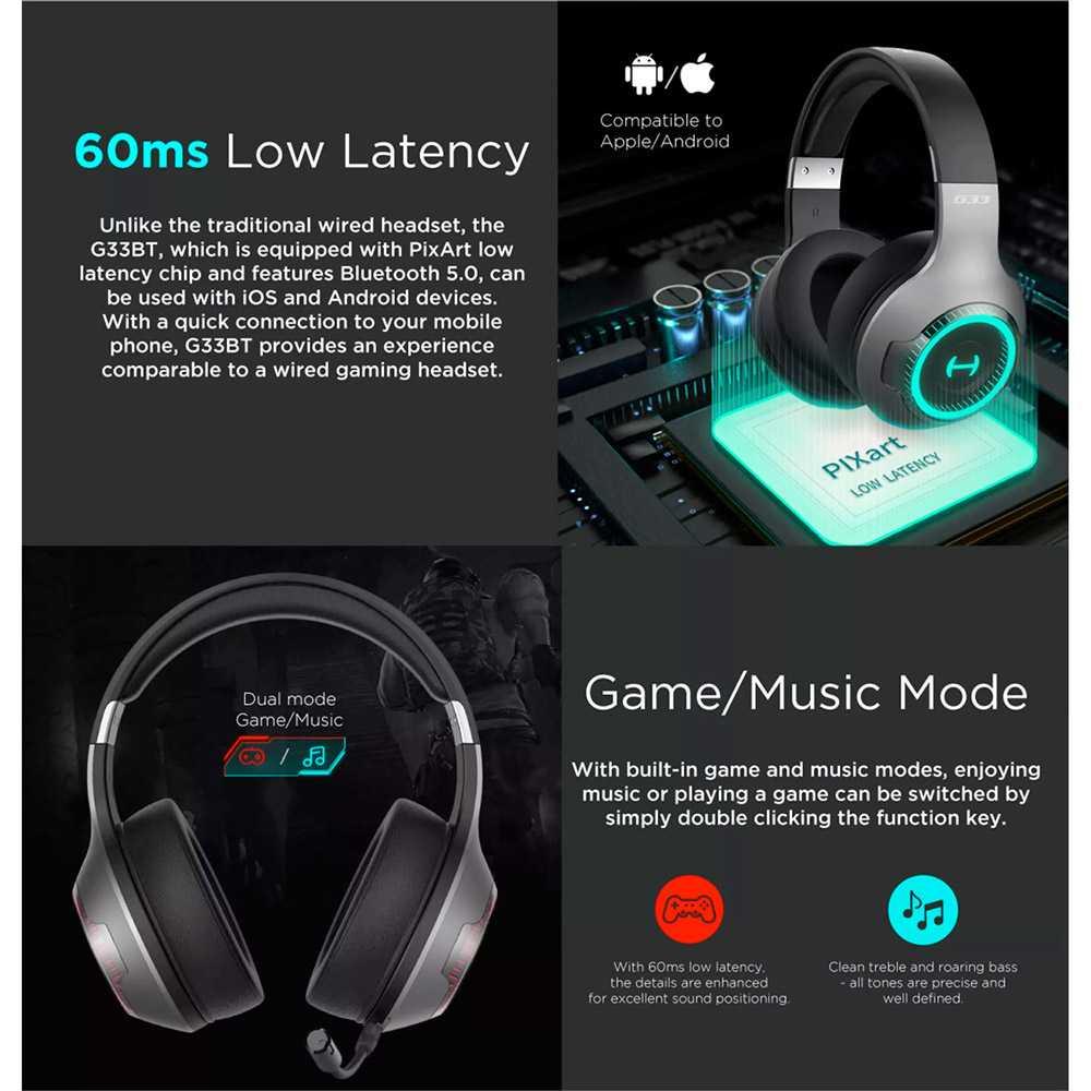 Edifier Hecate Low Latency Bluetooth Gaming Headphone Headset - G33BT - Gray