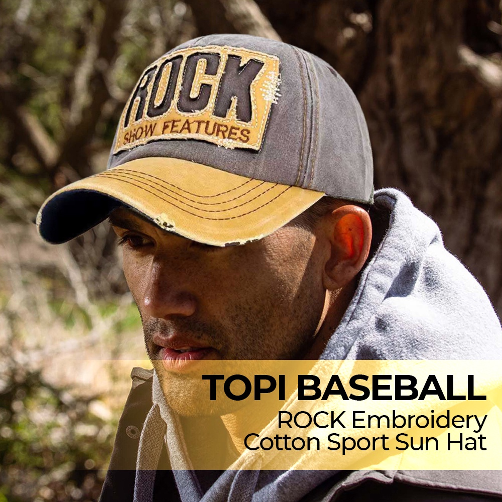 Topi Baseball Cap Snapback Model ROCK Embroidery Cotton Sport Sun Hat - S8R01 - Black Gold