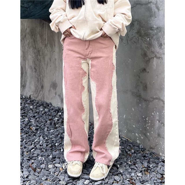 [✅BISA COD] #Sisjuly# Celana Panjang Santai Wanita Vintage Patchwork Lurus Jeans Jalan Kaki Lebar Lo