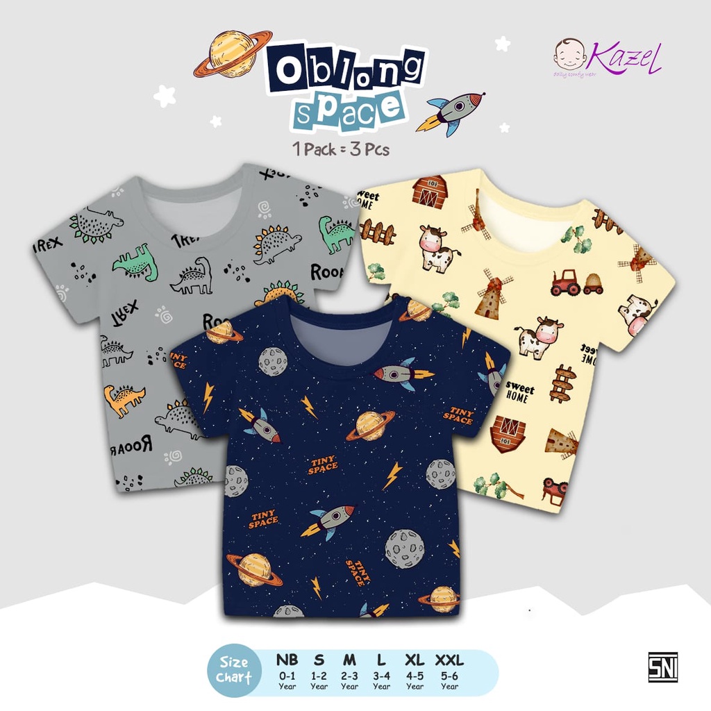 3pcs KAZEL TSHIRT OBLONG TIPIS SPACE 0-6 TAHUN KAOS OBLONG TIPIS / ATASAN SEHARI HARI ANAK LAKI-LAKI