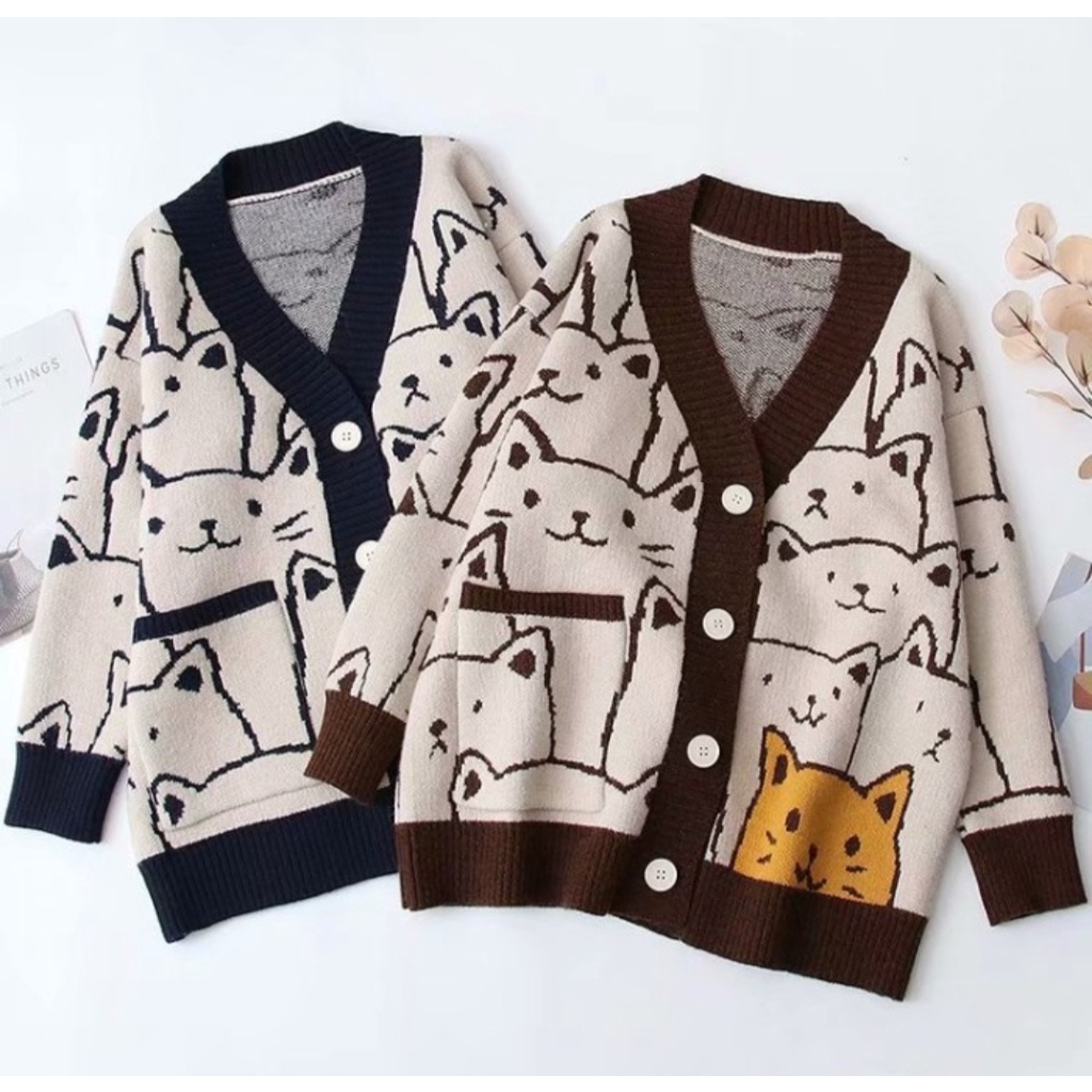 SWEATER CARDIGAN WANITA MOCHA CAT OUTER ALA KOREAN PAKAIN FASHION KASUAL CUTE MODEL