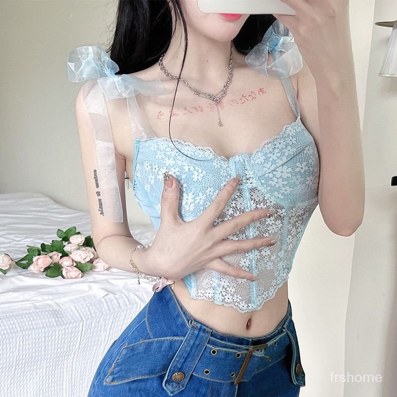 pakaian korea Sweet Spice Girl Floral Camisole Pakaian Dalam Wanita Leher Terbuka Leher Terbuka Peri