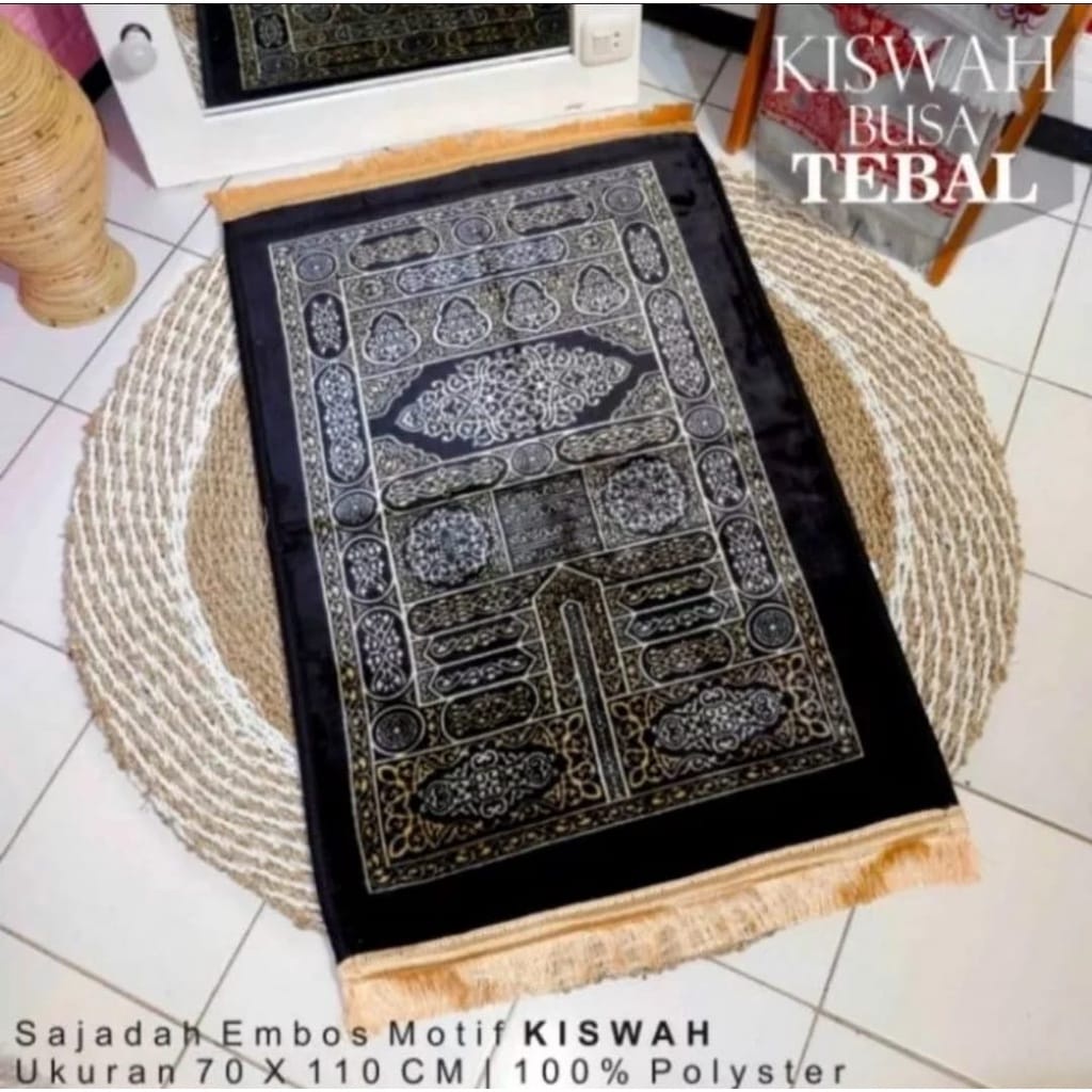 Sajadah Turkey Hitam Kiswah , Tebal, Halus, Anti Slip dan Rumbai Emas Sajadah Sholat Hitam Bisa COD