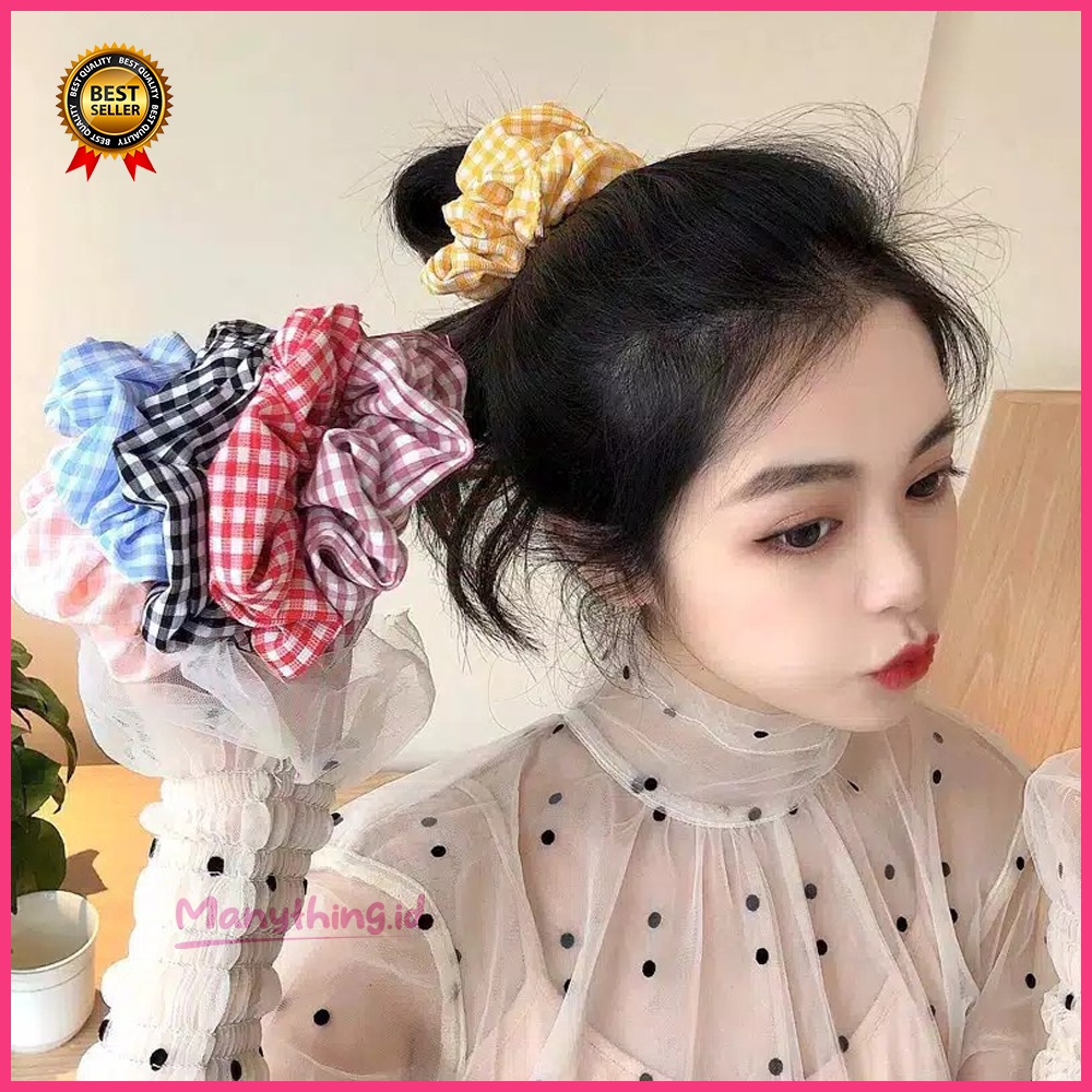 Ikat Rambut Wanita kotak kotak mode korea - ikat Rambut Wanita 1pc - Scrunchie Kunciran - Ikat Rambut Cepol Hijab Elastis Motif Kotak-Kotak