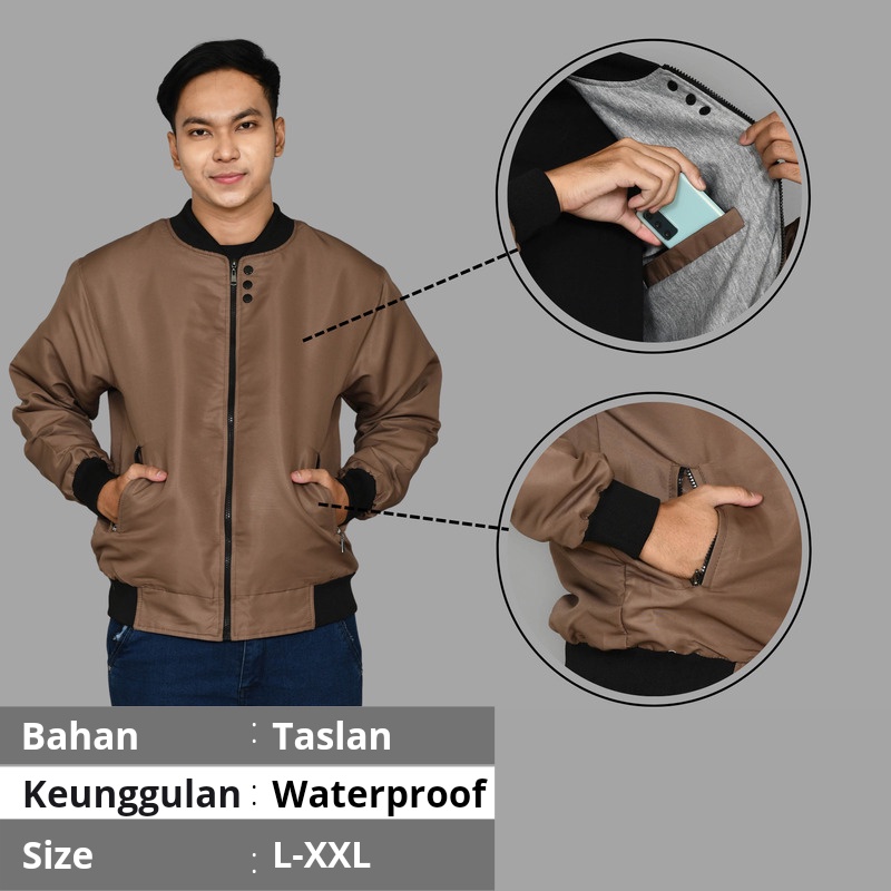 Jaket Bomber Pria Waterproof Bahan Parasut Premium Anti Air