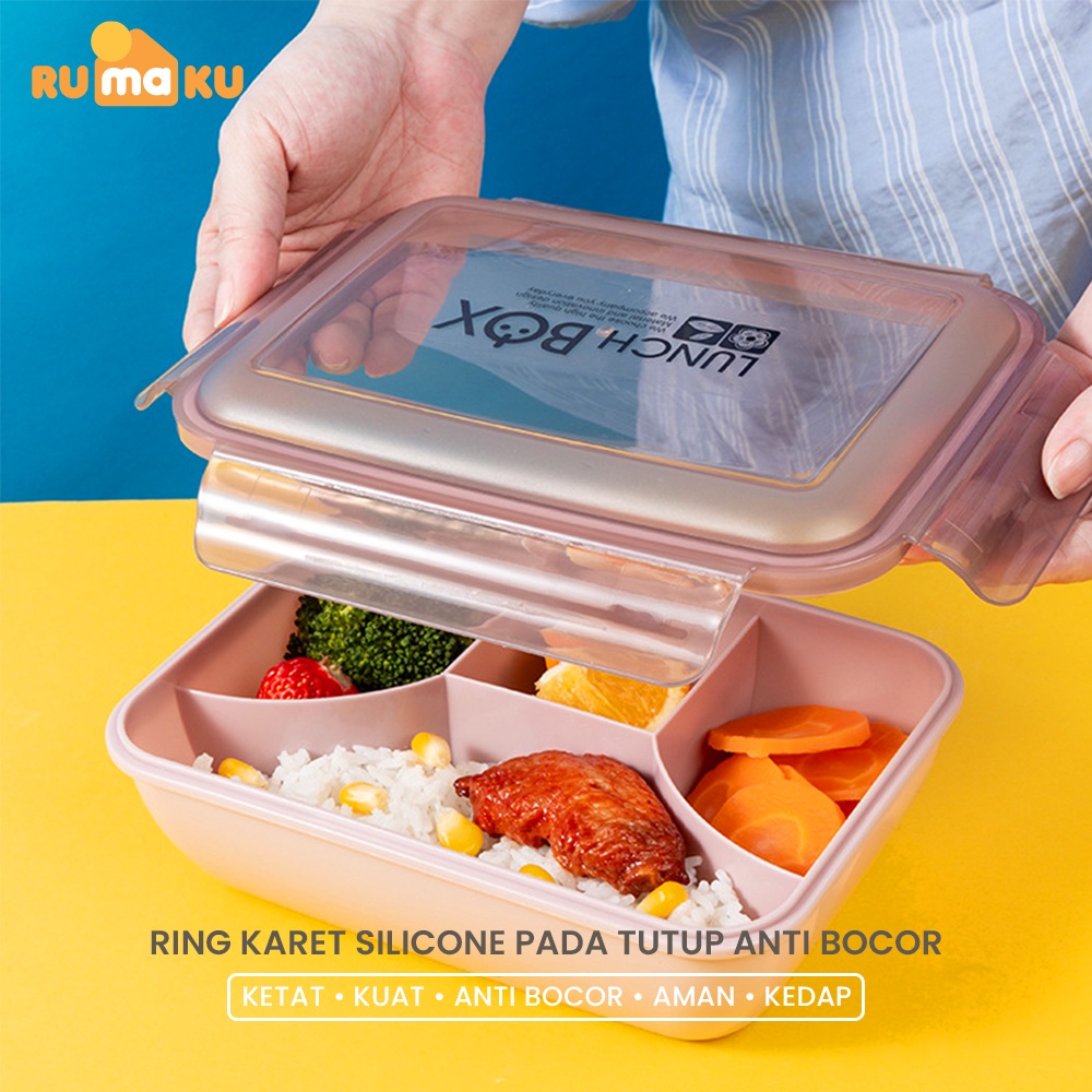 Rumaku Lunchbox Set Kotak Makan dan Botol Minum 800ml/500ml Tempat Makan Anti Tumpah 4 Grid Free Sendok