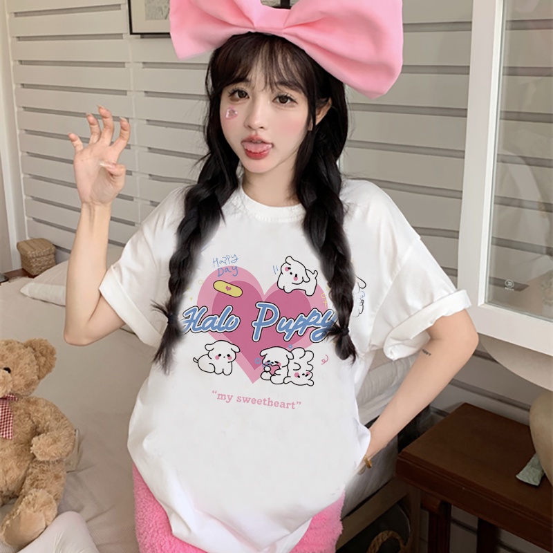 Print T-shirt Kaos Lengan Pendek Cartoon Pink Heart Dog Baju Wanita Oversize Korean Style