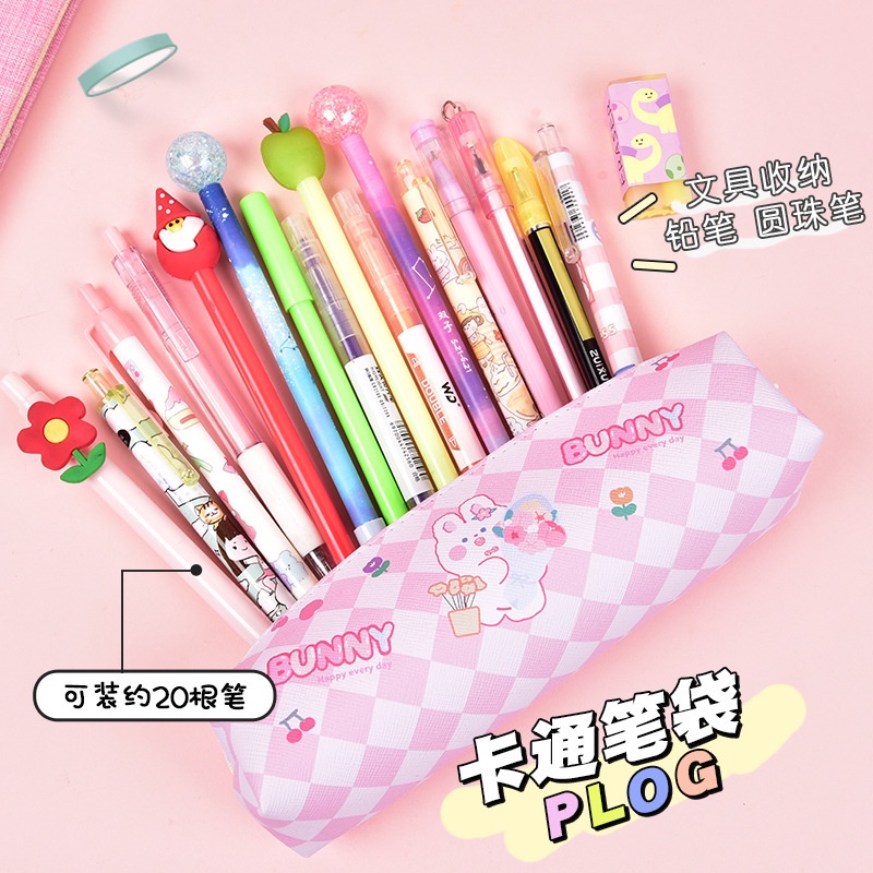 TPG Kotak Pensil Tepak Lucu Kartun Transparan Sekolah Korea pink creame putih alat tulis Tas Penyimpanan Kosmetik Sekolahan Kantoran wadah bolpen Cat Dog pink  bear army dino pastel oxford green daun motif bolpen pensil kantor