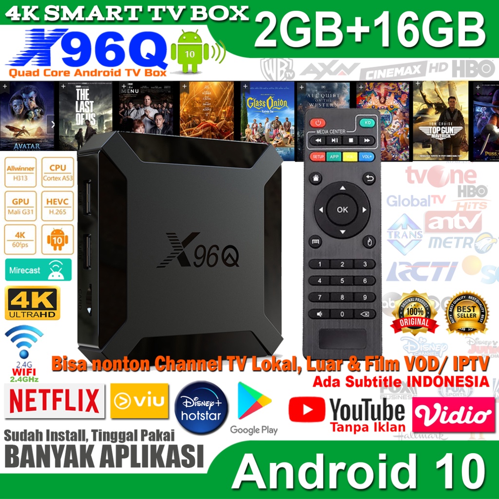 X96Q TV Box Android 10 2GB 16GB Allwinner H313 Quad Core 4K 2.4G Wifi STB