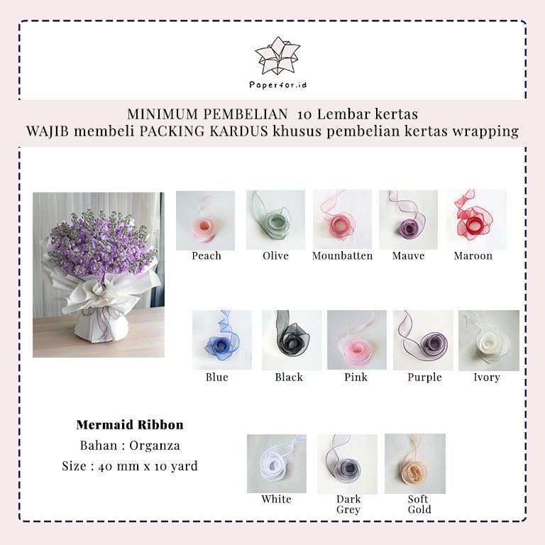 MERMAID RIBBON / PITA BUKET BUNGA / PITA ORGANZA / PITA TRANSPARAN 4CM