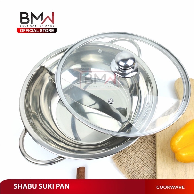 PANCI SHABU 2 SEKAT TUTUP KACA 28CM 30CM - PANCI HOT POT STAINLESS STEEL - STEAMBOAT REBUS - PANCI BUBUR 2 BAGIAN