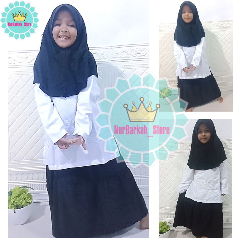 SETELAN ROK & ATASAN TUNIK BORDIR  WARNA HITAM PUTIH USIA 1-15 TAHUN BAJU MUSLIM BAHAN BESWAY SILK A