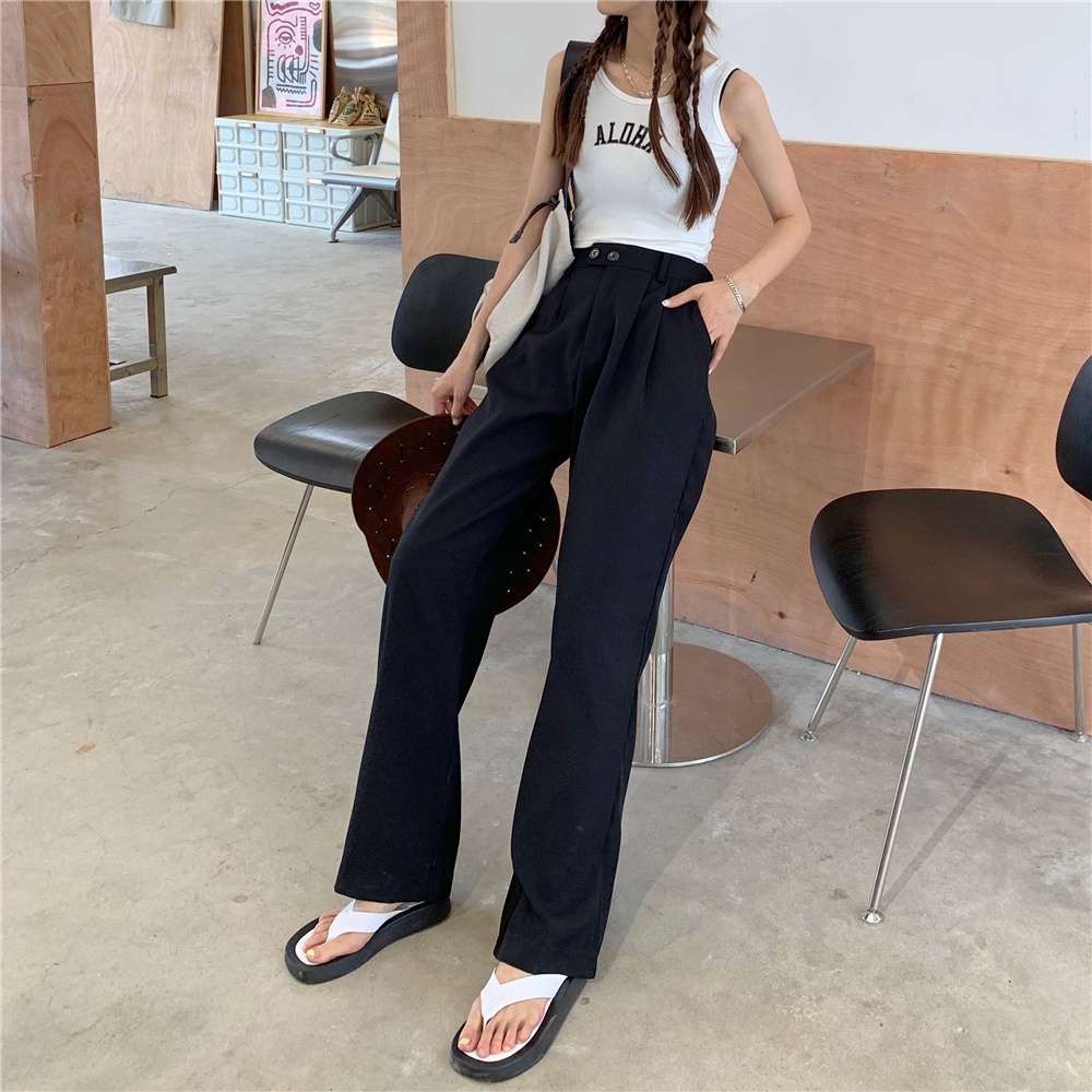 EUNII Celana Panjang Khaki Wanita Retro Basic Color Kasual Loose High Waist Straight Pants Korean Style