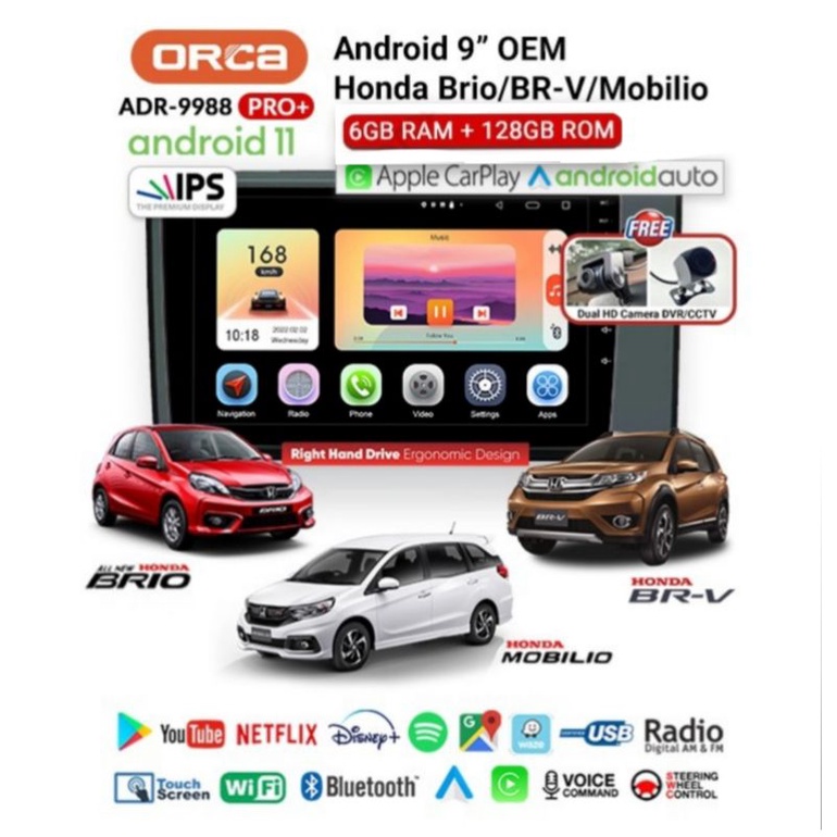 Head Unit Android Ram 6GB / 128GB ORCA PRO+ CarPlay Android Auto ORCA ADR 9988 PRO+ PLUS OEM HONDA BRIO MOBILIO BRV