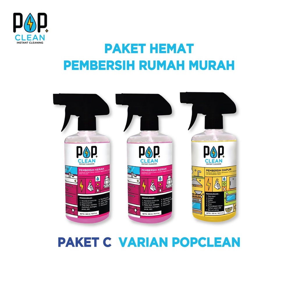 PAKET HEMAT C PEMBERSIH RUMAH MURAH POPCLEAN 2 BOTOL PEMBERSIH KERAK , 1 BOTOL PEMBERSIH DAPUR