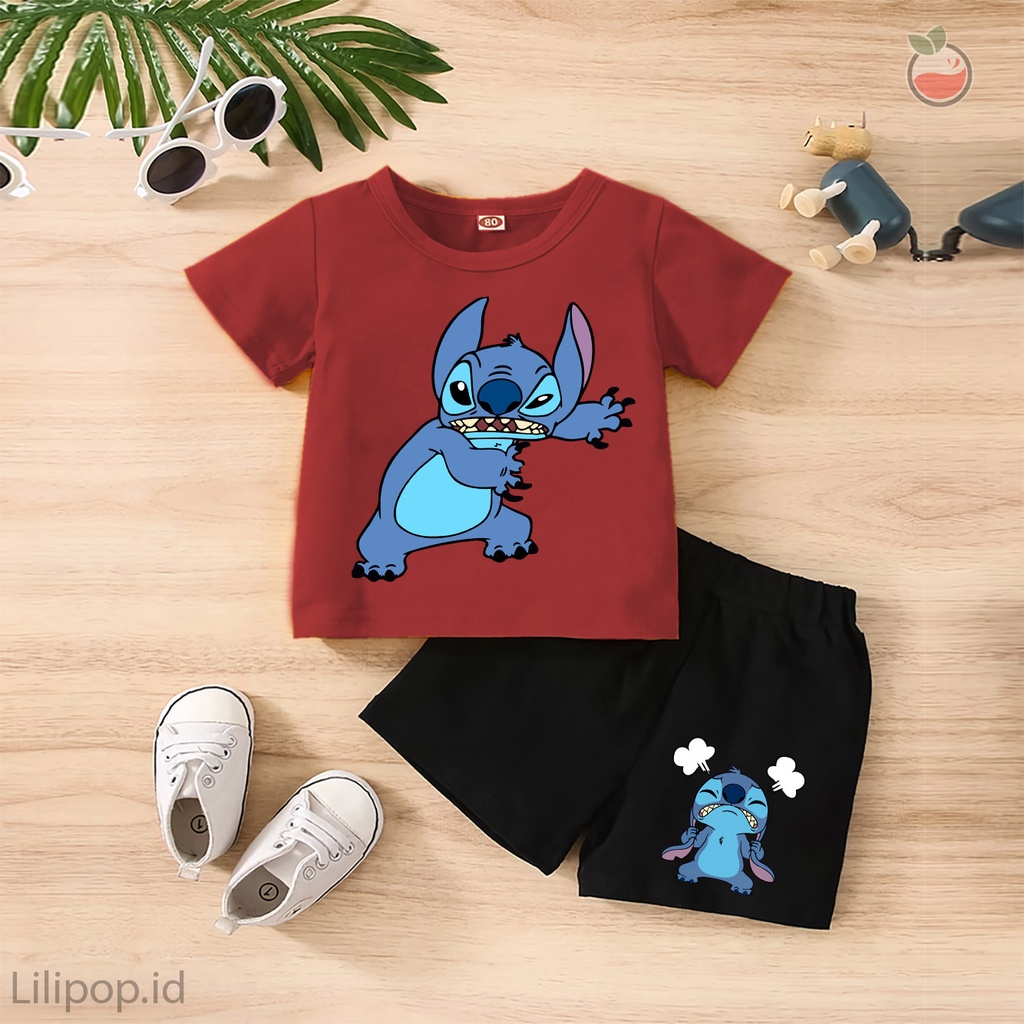 Baju Anak Stelan Kaos 3/4  LILO STITCH Cowok Cewek  Usia 1 - 4 Tahun Celana Pendek Harian