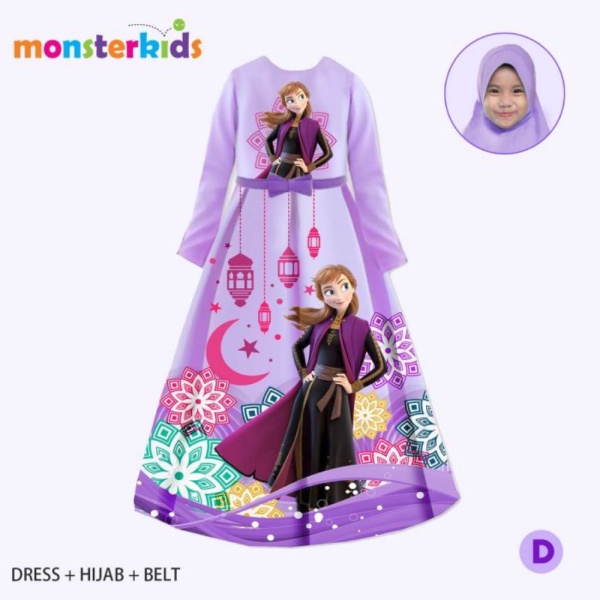 baju muslim Gamis Panjang dan hijab Anak Karakter Elsa Frozen 3-in-1 biru 5-9 thn - D UNGU 9T Murah 
