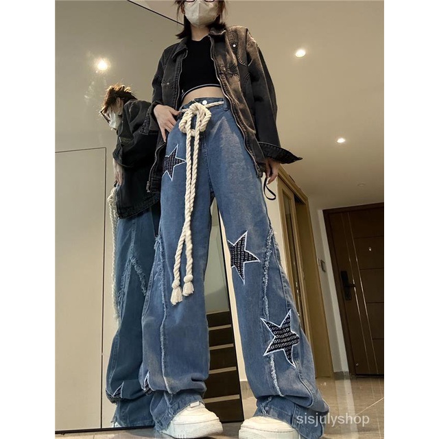 [✅BISA COD] #Sisjuly# Celana Jeans Lurus Bordir Amerika Wanita Berpinggang Tinggi Celana Kaki Lebar