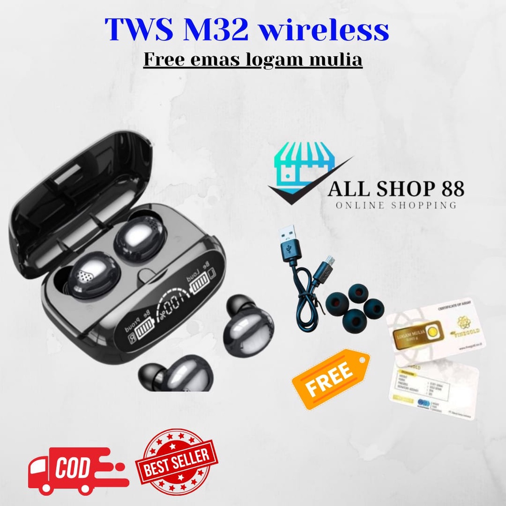 [ COD ] TWS M32 FREE EMAS LOGAM MULIA - HEADSET BLUETOOTH WIRELESS M32