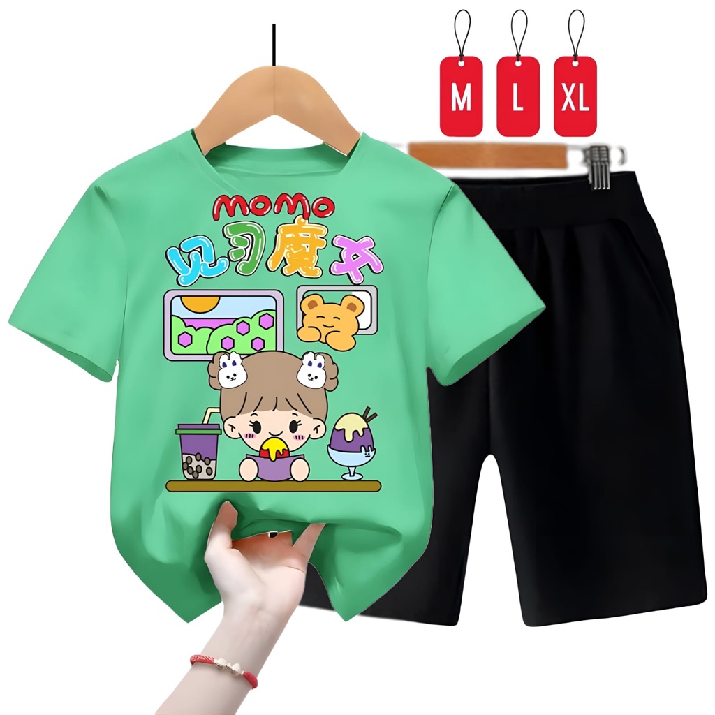 Hzl_outfit Baju Setelan Kaos Anak Perempuan Momo Trend/ Size M,L,XL