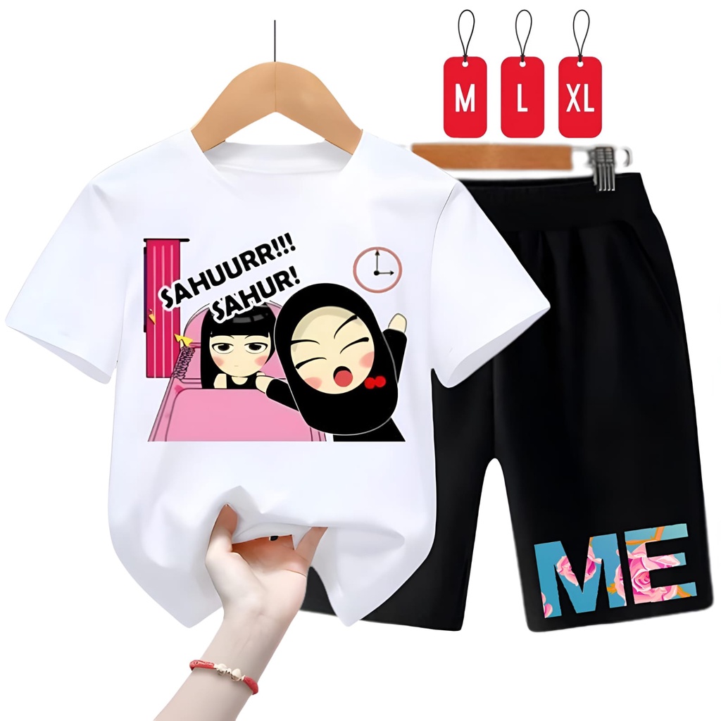 Hzl.outfit Setelan Baju Kaos Anak Cewek Hijab Sahur Sahur M,L,XL