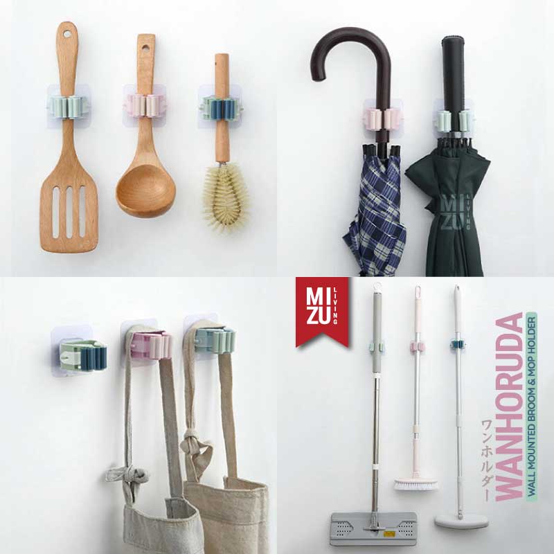 MIZU WANHORUDA Wall Mounted Broom &amp; Mop Holder Gantungan Sapu Pel Hook Hanger Tempel Cantolan Serbaguna