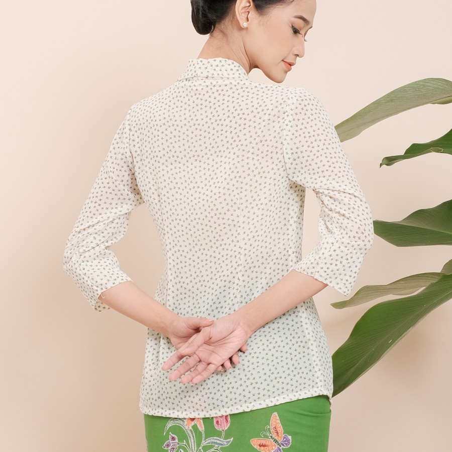 Kebaya Kutubaru Adelia Lengan 7/8 Meradelima Sifon Putih Hijau