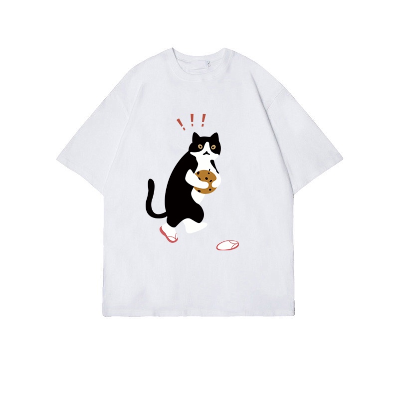 Korean Style Cute Cat Kaos Putih Atasan Wanita Lengan Pendek Oversize Printed T-shirt Baju Wanita Kekinian