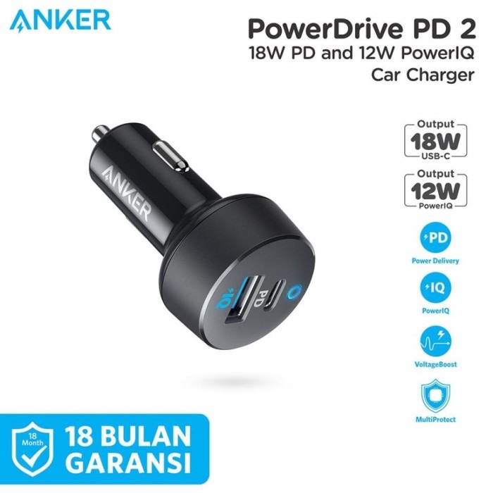 Anker Car Charger PowerDrive PD 2 18W PD + 12W PowerIQ - SKU A2720 - Garansi Resmi 18 Bulan