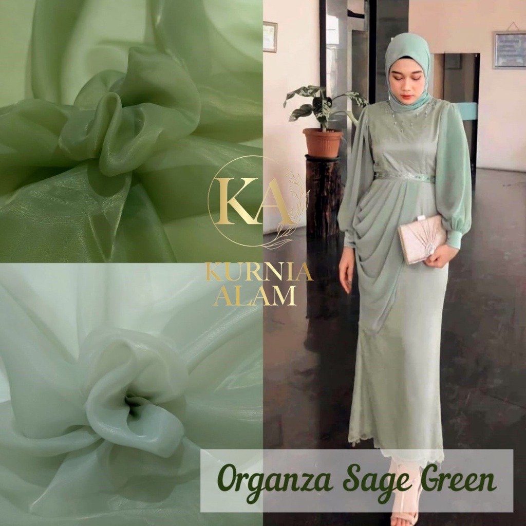 Kain Satin Organza Warna Sage Green Bahan Dress, Gaun Mewah Pesta Wanita