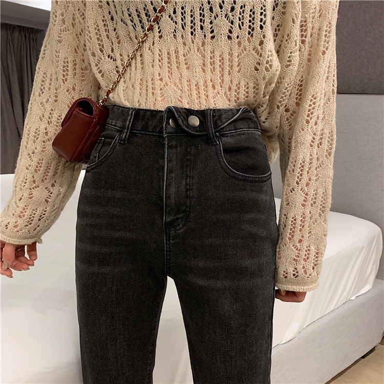 Kelabu hitam Highwaist Celana Panjang Jeans Boyfriend Wanita Import