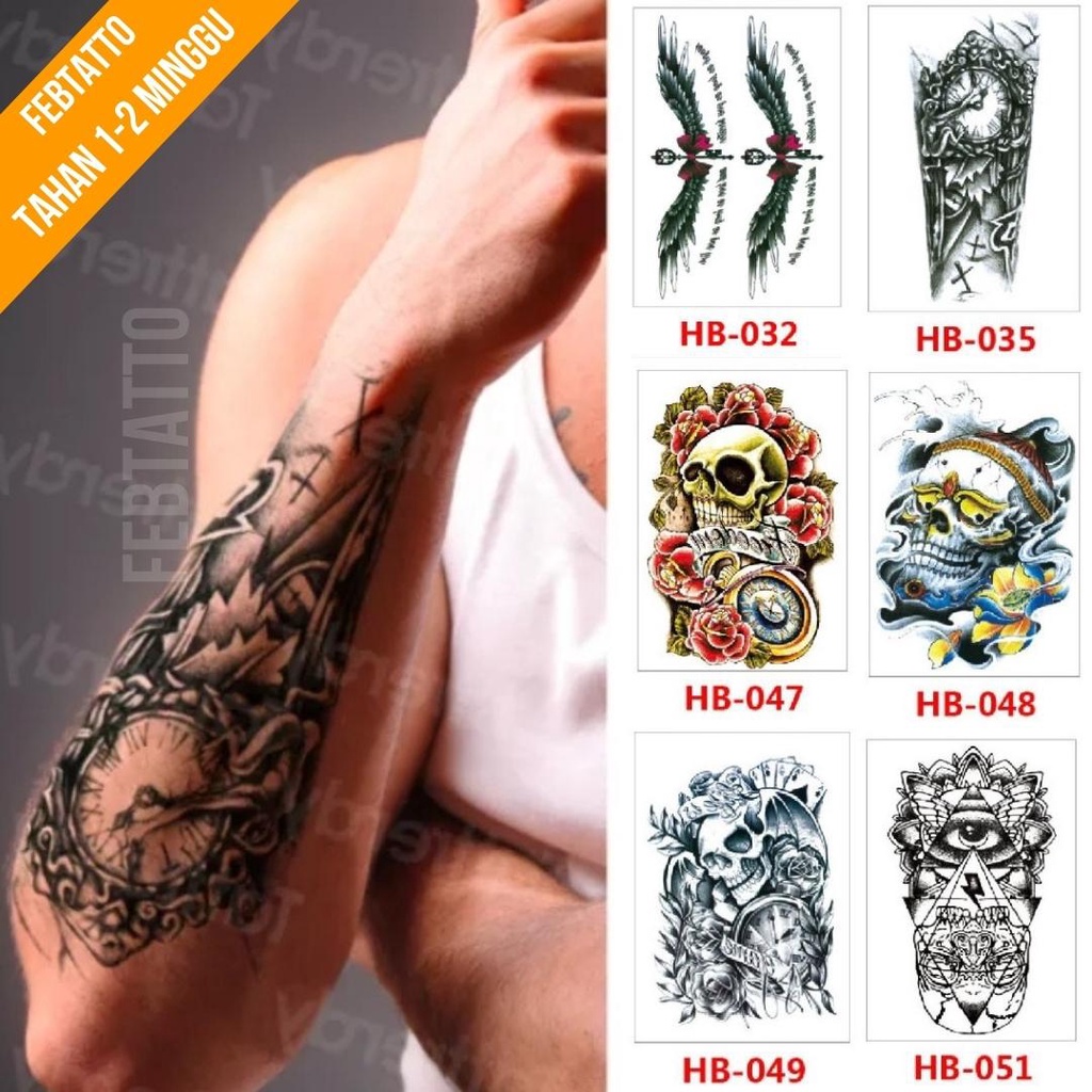 Tato Temporer Ukuran 21cm x 15cm Motif Salib Jam HB 035 Tato Lengan Tato Dada Tato Tangan Tato Kaki 
