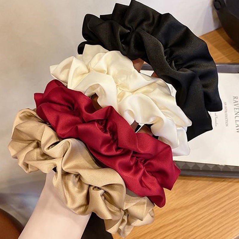 T&amp;Y Bando Kain Kerut Lebar Satin Besar Korea Headband Ruffle Bandana Polos Wanita Bando Kain Scrunchie Fashion