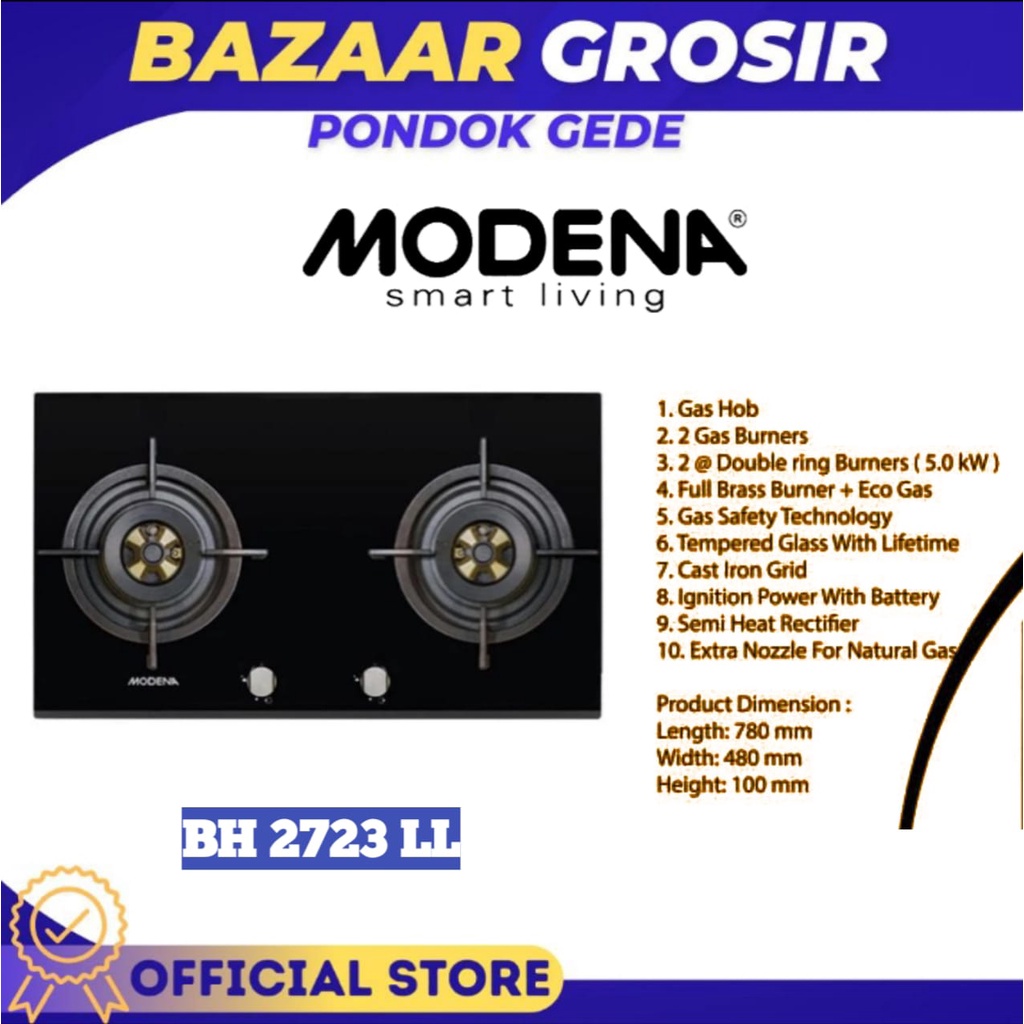 KOMPOR TANAM MODENA BH 2723 LL / BH2723LL / BH-2723LL DURATURO BUILT IN HOB 70CM KUNINGAN