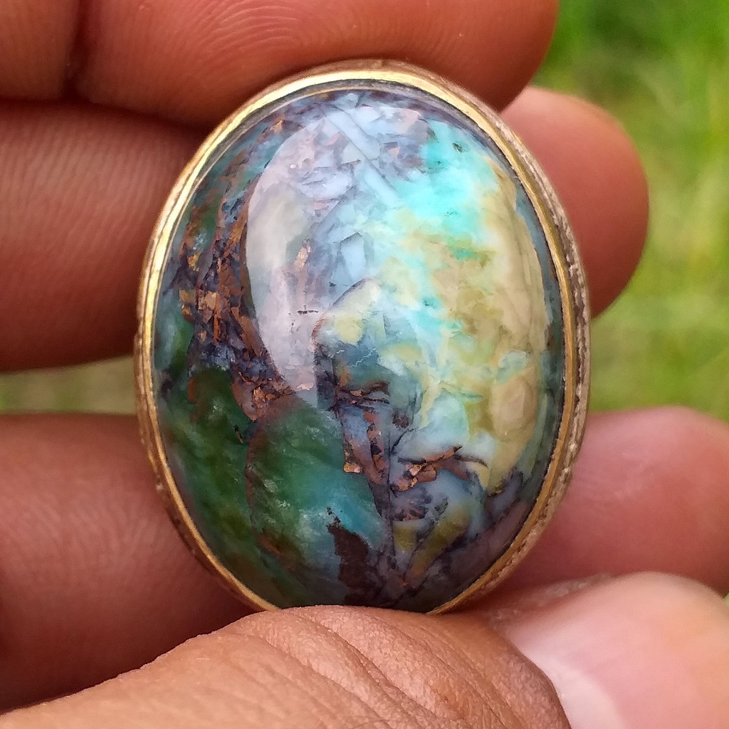 Batu Akik Seni Garut Hijau Kebiruan Cikolak Serat Tembaga Alami Dim-27 Mumbul