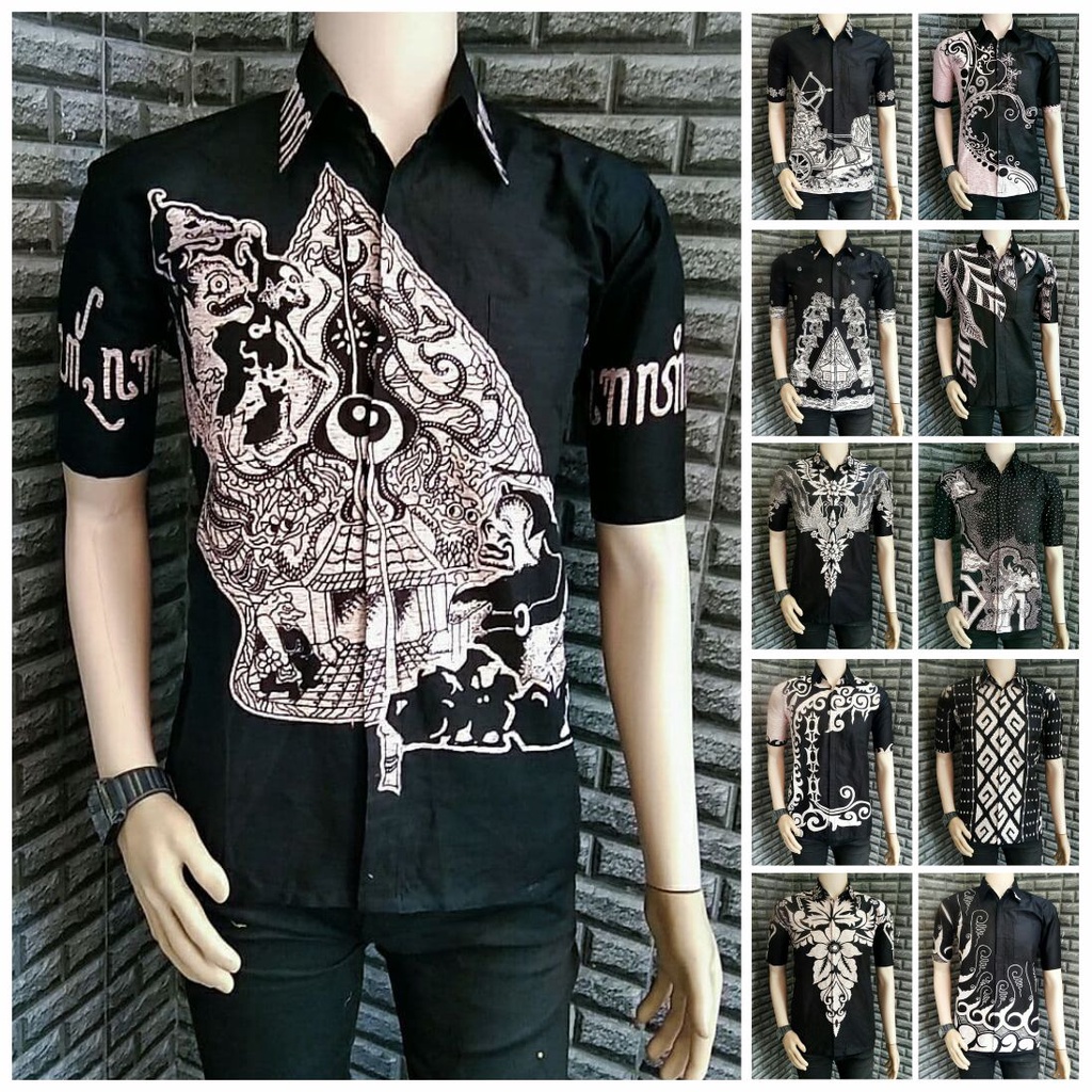 kemeja batik pria lengan pendek baju batik pria motif wayang baju batik seragaman batik grosir batik murah batik modern batik hitam manis batik pria size m l xl