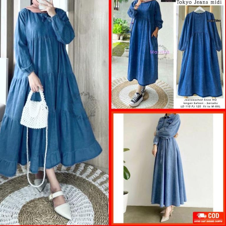 New Stock Stone Midi dress jeans washed denim levis Dres Gamis jeans Wanita LD100-120cm