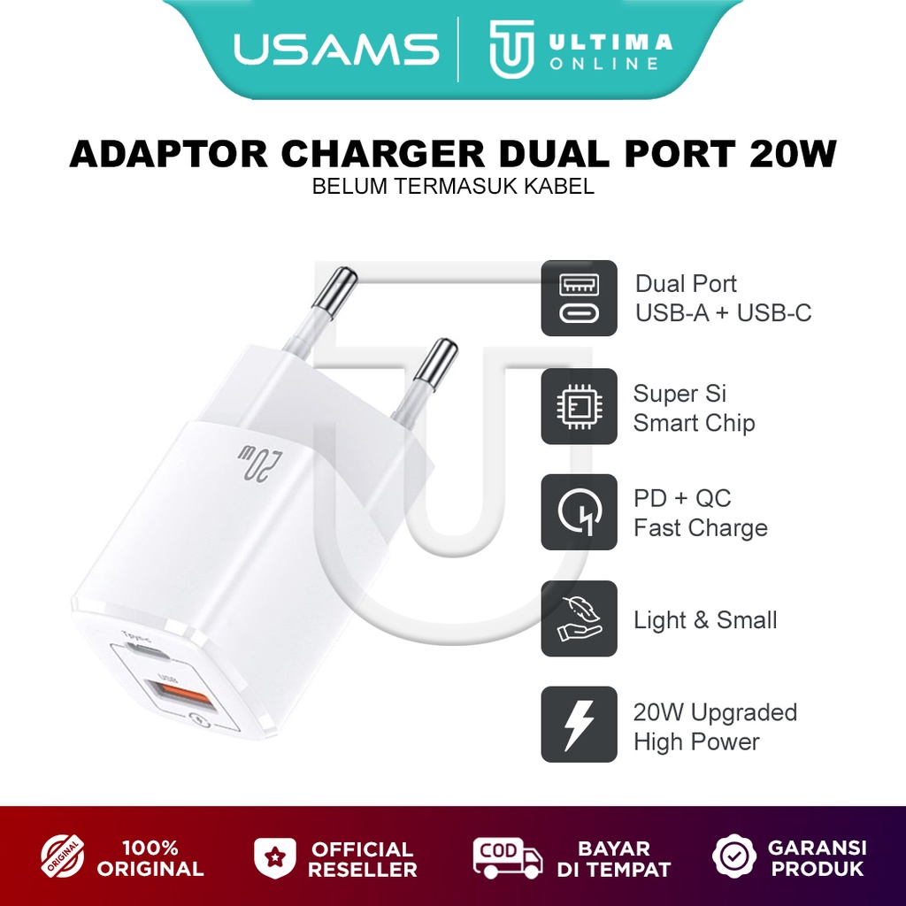 USAMS Adaptor Kepala Charger Dual Port Type C+USB Fast Charging PD 20W