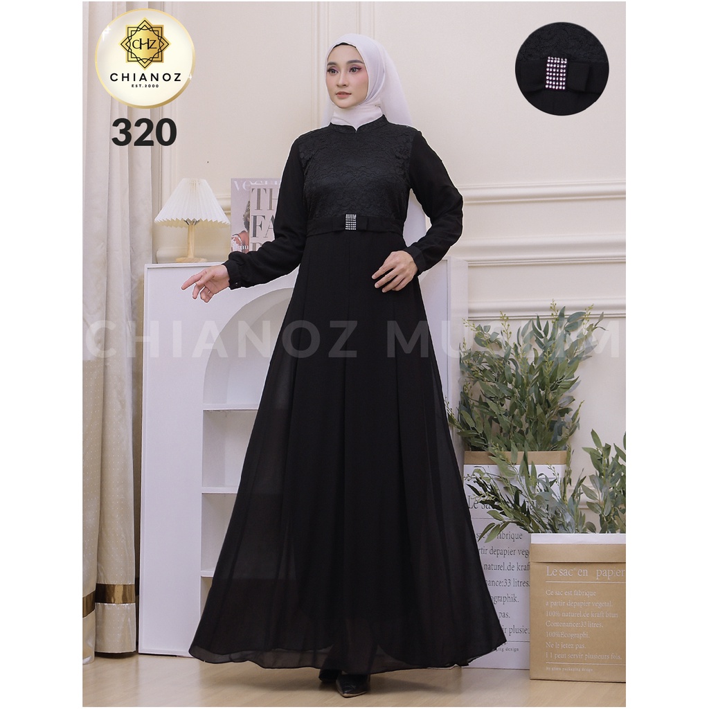 CHIANOZ Gamis Hitam Mewah Riana Dress Brukat Renda Baju Lebaran Umroh Haji Manasik Pesta Akad 320 312