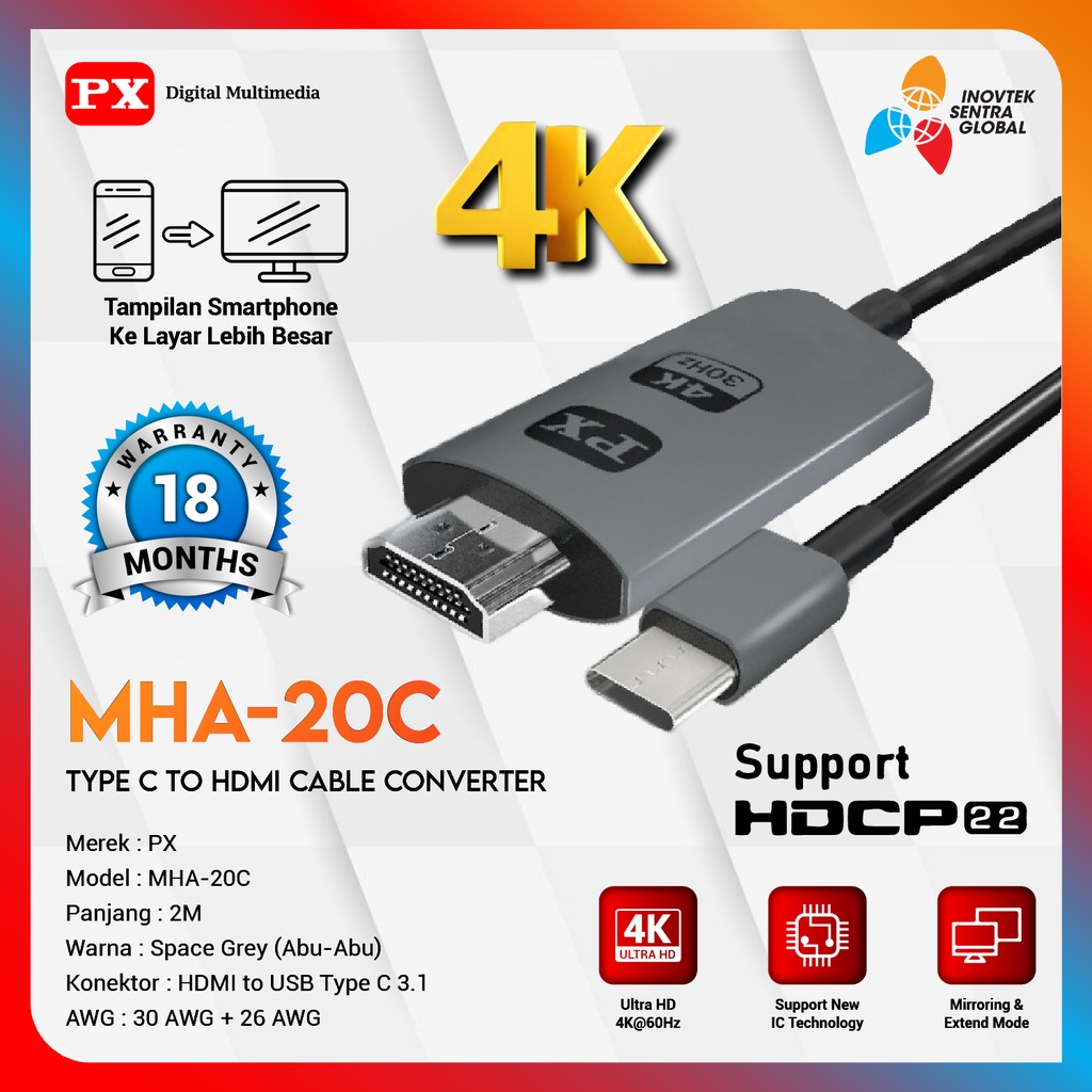 PX MHA-20C Kabel MHL 2M 4K USB Type C Cable TV Converter
