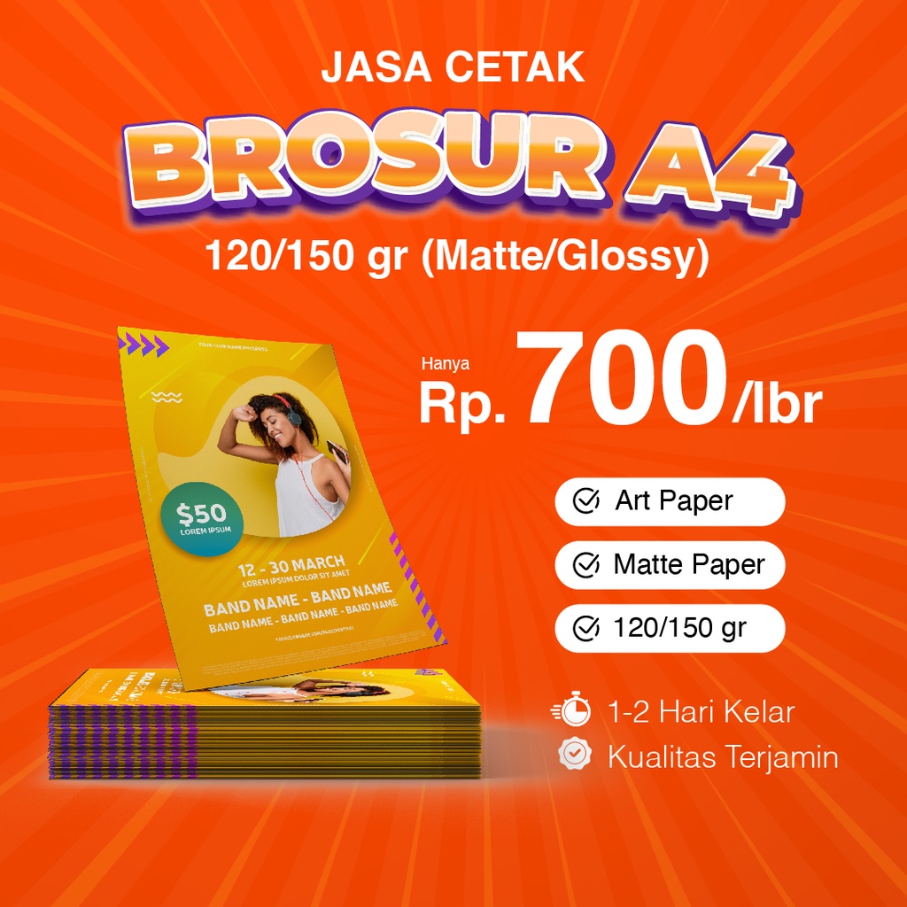

Cetak BROSUR/FLYER ukuran A4 1 sisi/2 sisi, Art Paper 120/150 untuk Promosi, Perusahaan, Lembaga