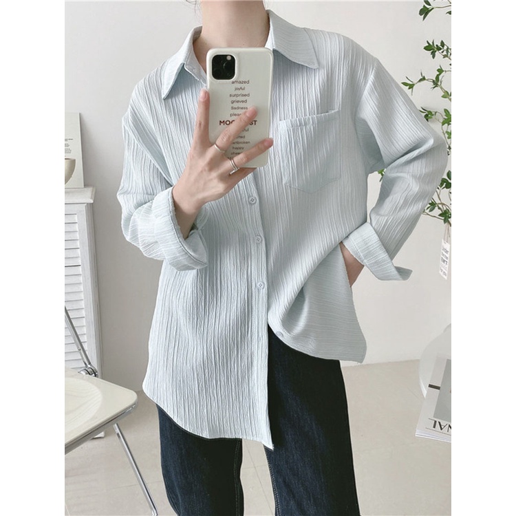 EUNII Crinkle Kemeja Lengan Wanita Blouse Putih Kemeja Lengan Panjang Wanita Korean Style