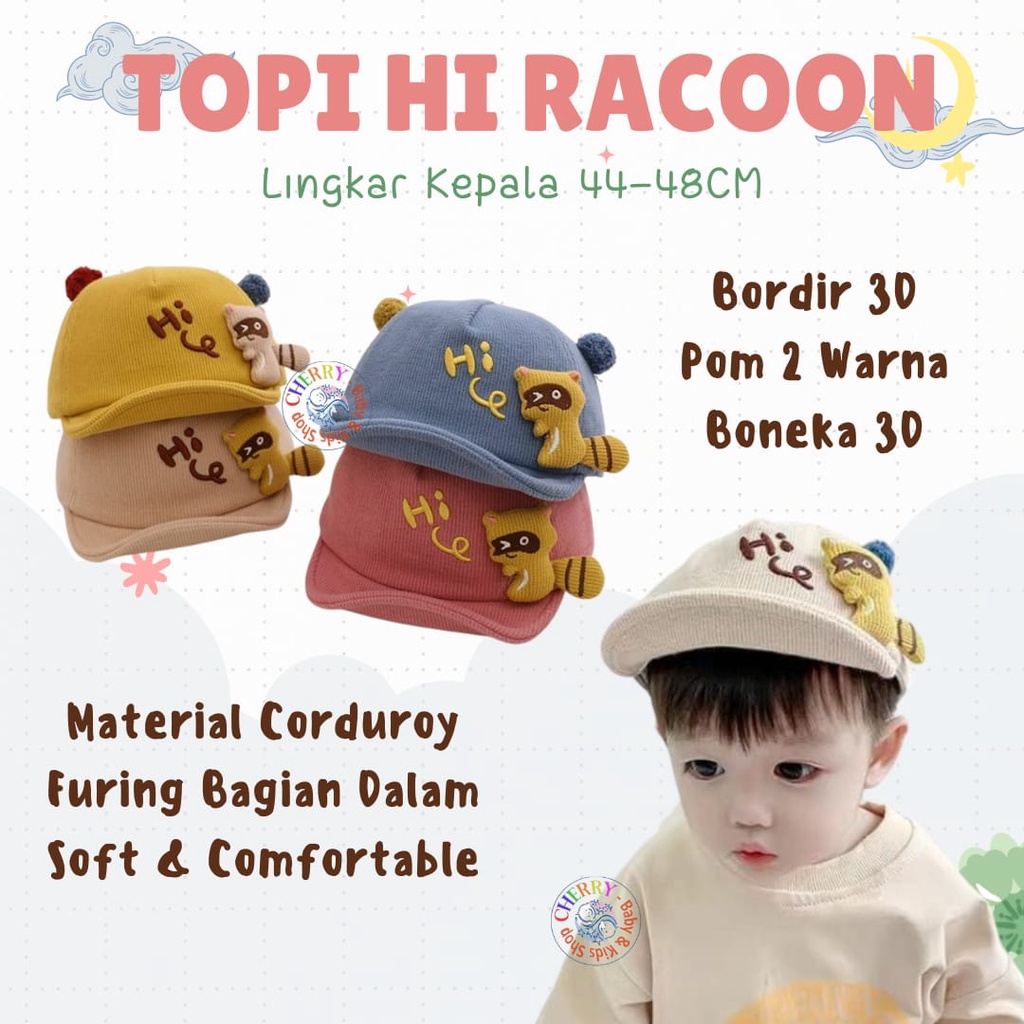 Topi Racoon 1-3 Tahun Topi Import High Quality Boneka 3D Hi Racoon CBKS VC