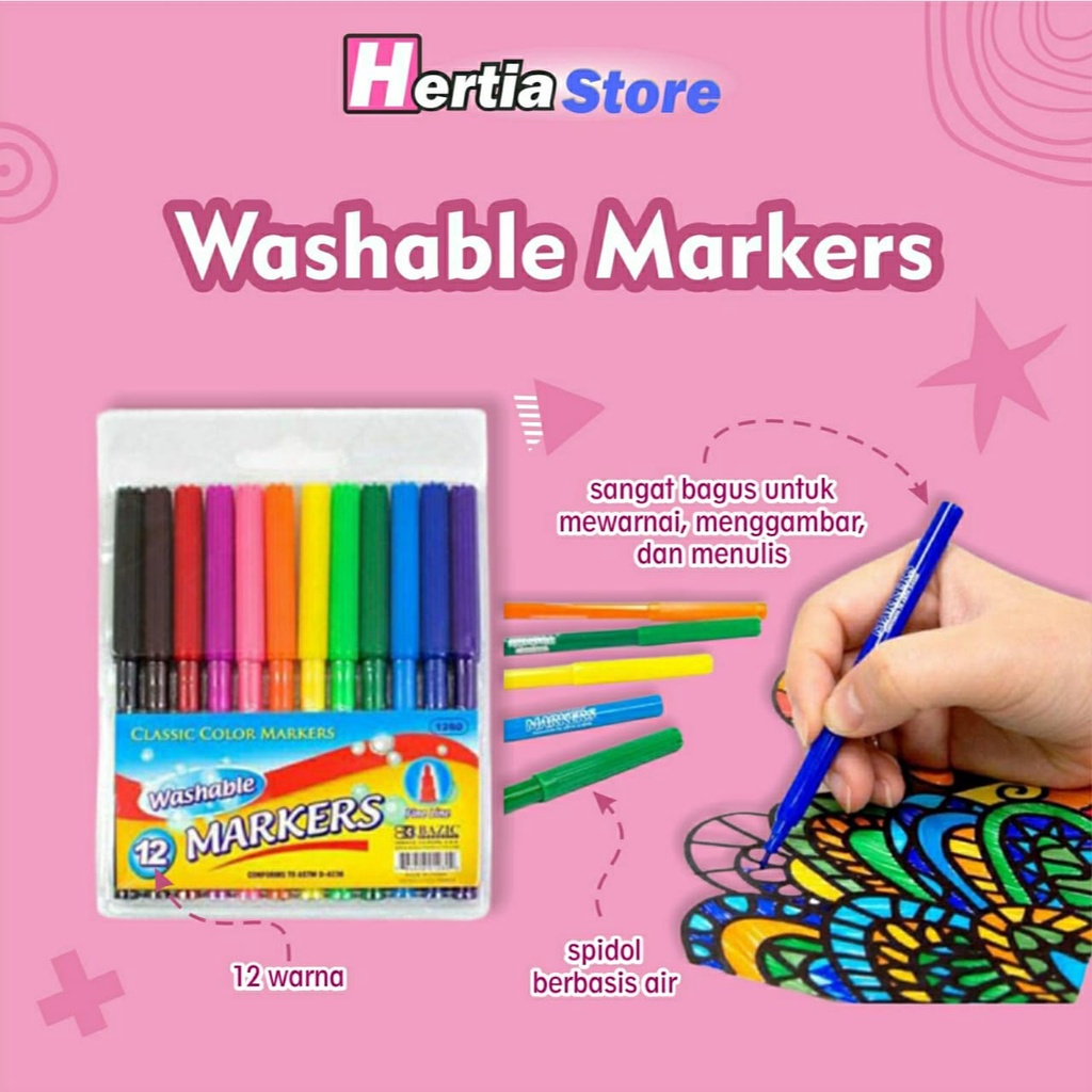 

[hertiastore] 12 Classic Colors Fine Line Washable Markers, Cat Air / Spidol Warna bisa di cuci
